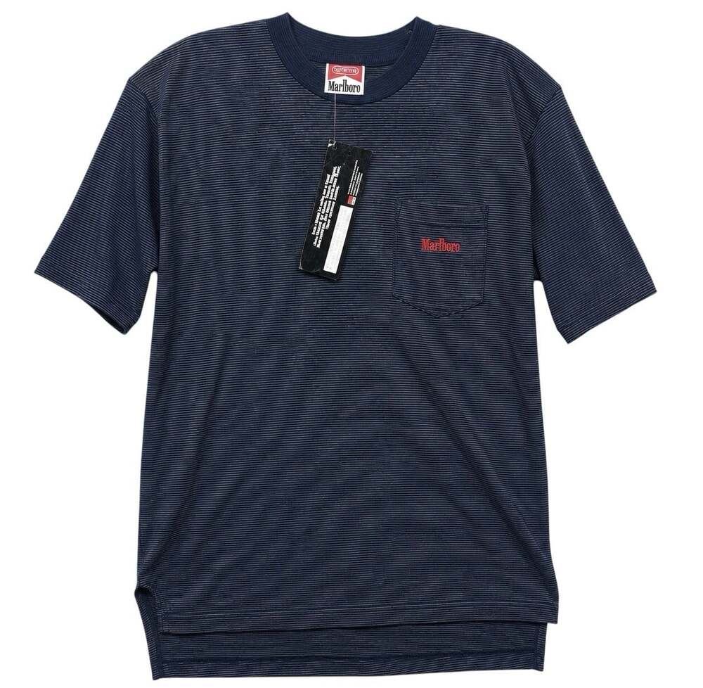 Vintage Marlboro Unlimited Pocket Tee T-Shirt Micro Stripe Mens S/M Black Grey